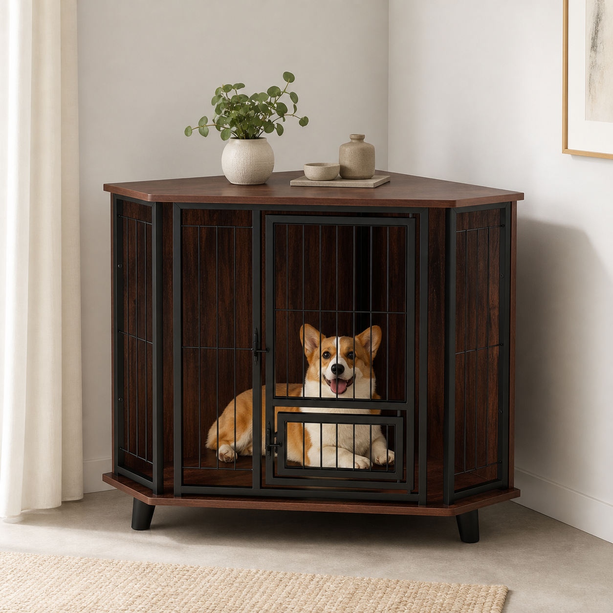 Space-Saving Corner Dog Crate with Feeding Door — studio hero