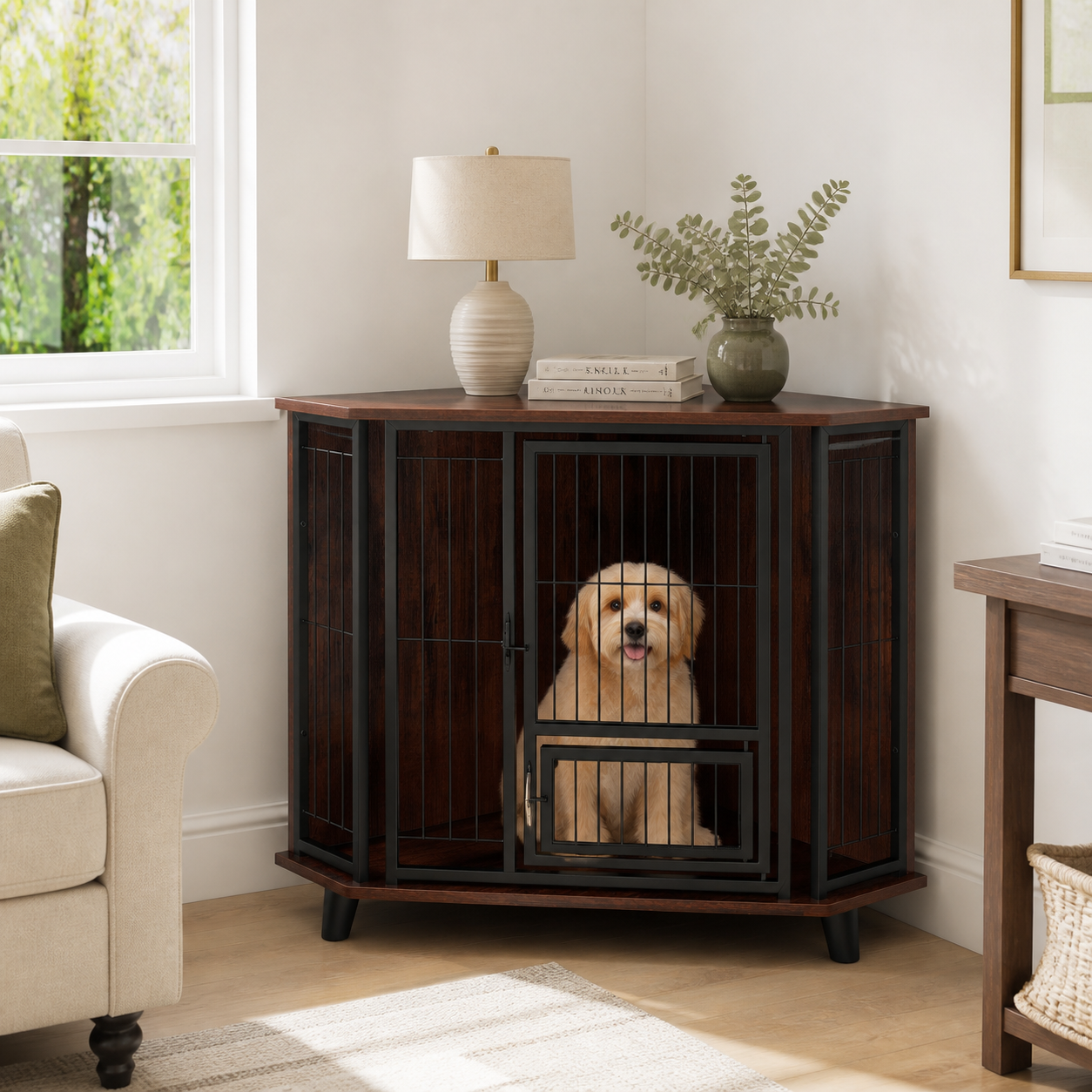 Space-Saving Corner Dog Crate with Feeding Door — in everyday use