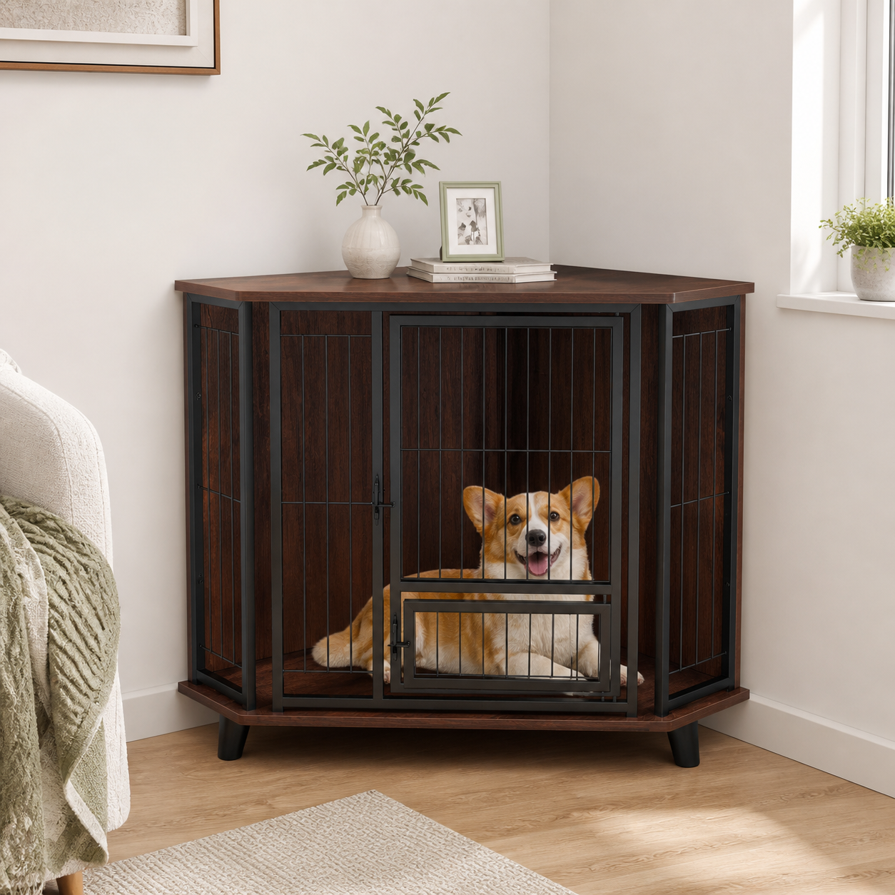 Space-Saving Corner Dog Crate with Feeding Door — alternate view