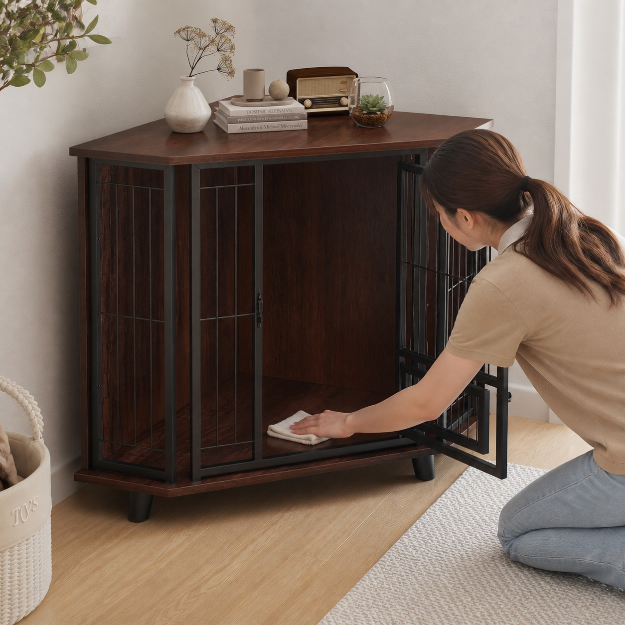 Space-Saving Corner Dog Crate with Feeding Door — storage or care view