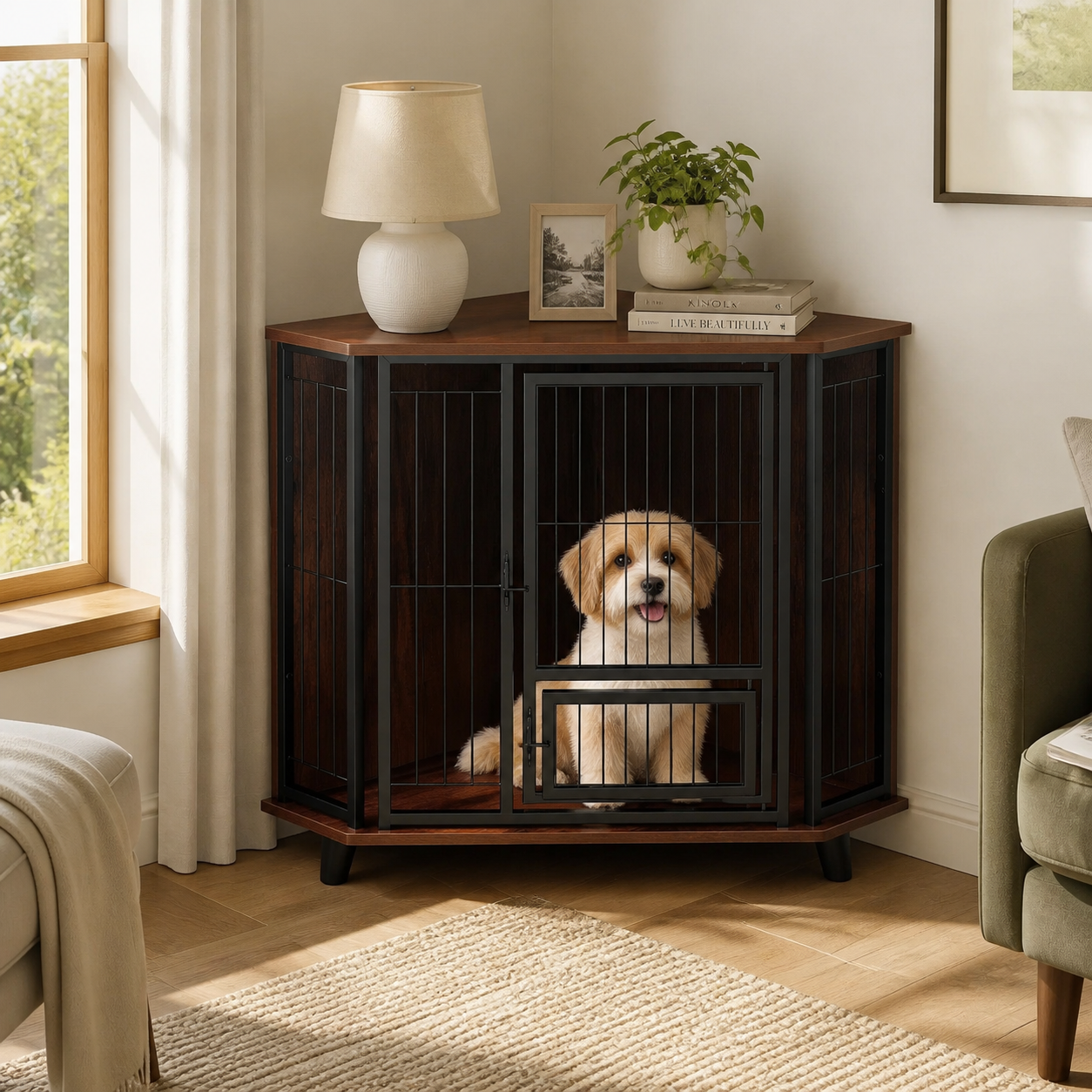 Space-Saving Corner Dog Crate with Feeding Door — in-room or vehicle context