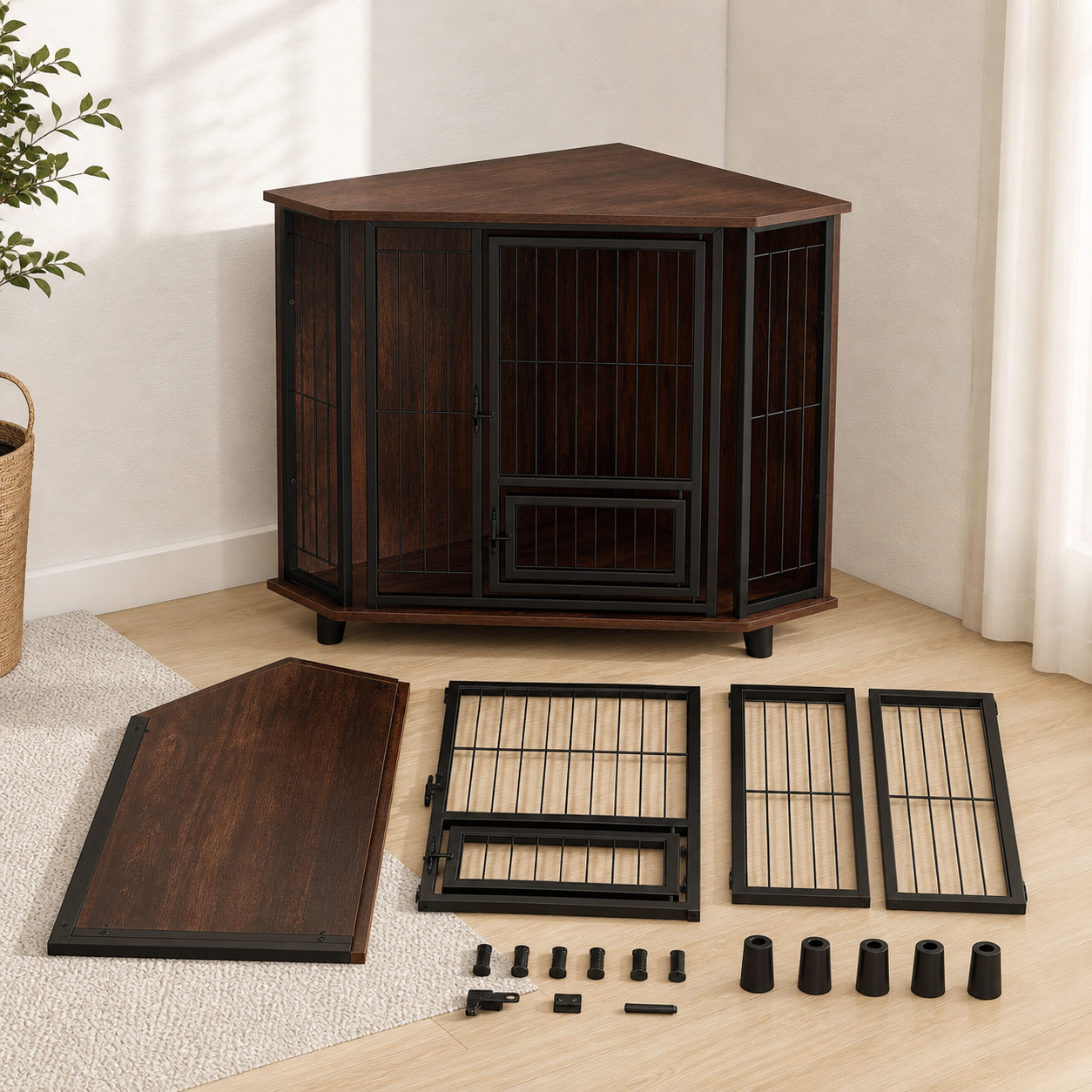 Space-Saving Corner Dog Crate with Feeding Door — included components