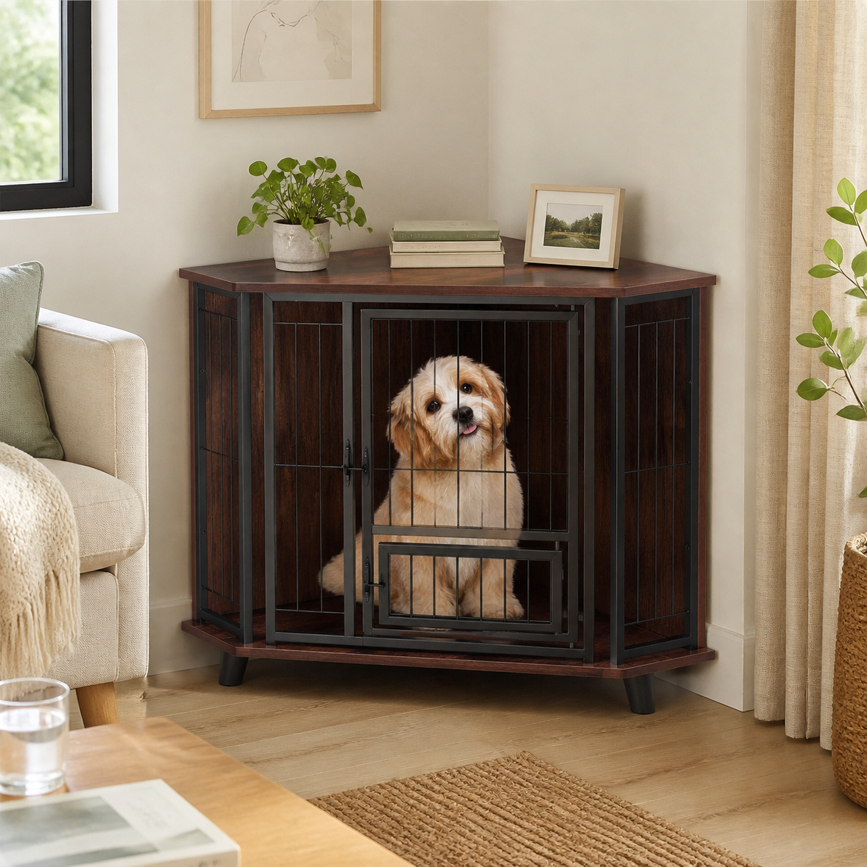 Space-Saving Corner Dog Crate with Feeding Door — second lifestyle view