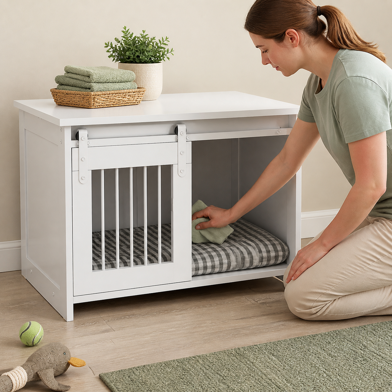 Sliding-Door Dog Crate Furniture — 80cm — storage or care view