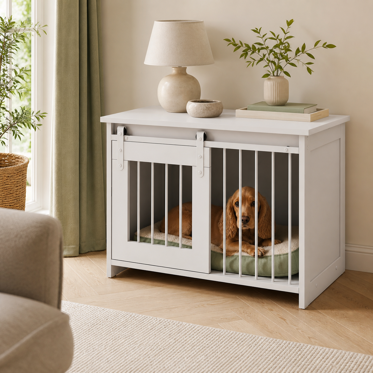 Sliding-Door Dog Crate Furniture — 80cm — second lifestyle view