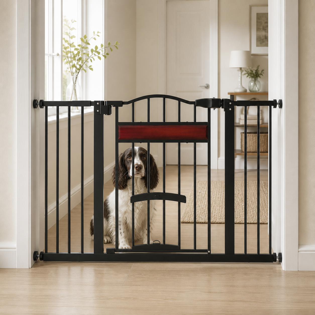 Pet gate installed across a bright hallway