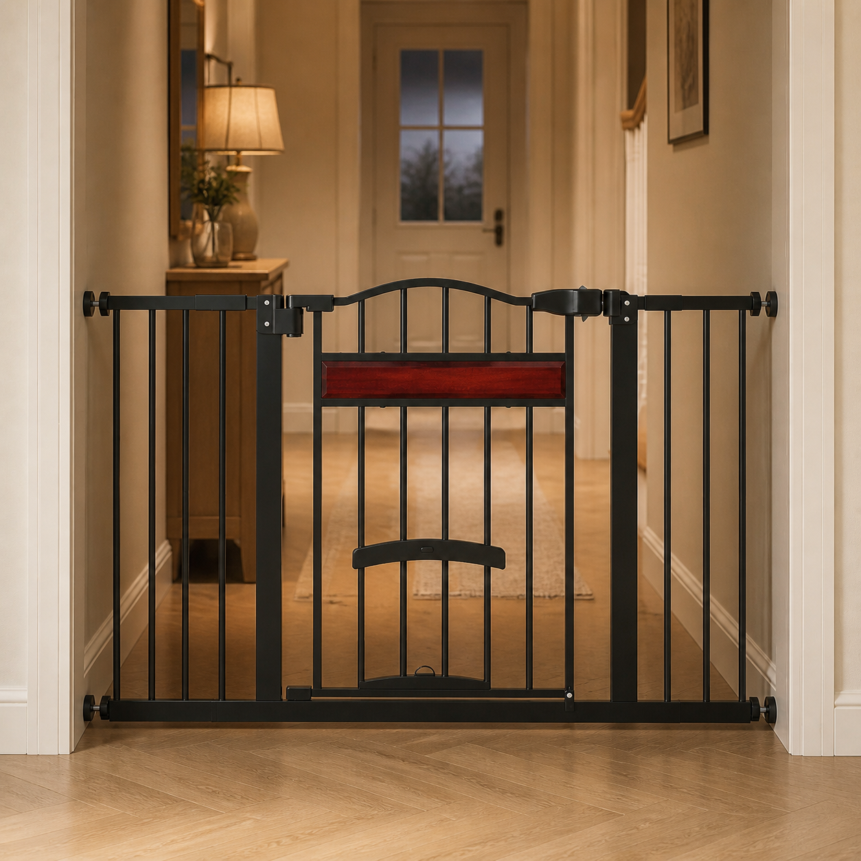 Pet gate in a warm evening hallway