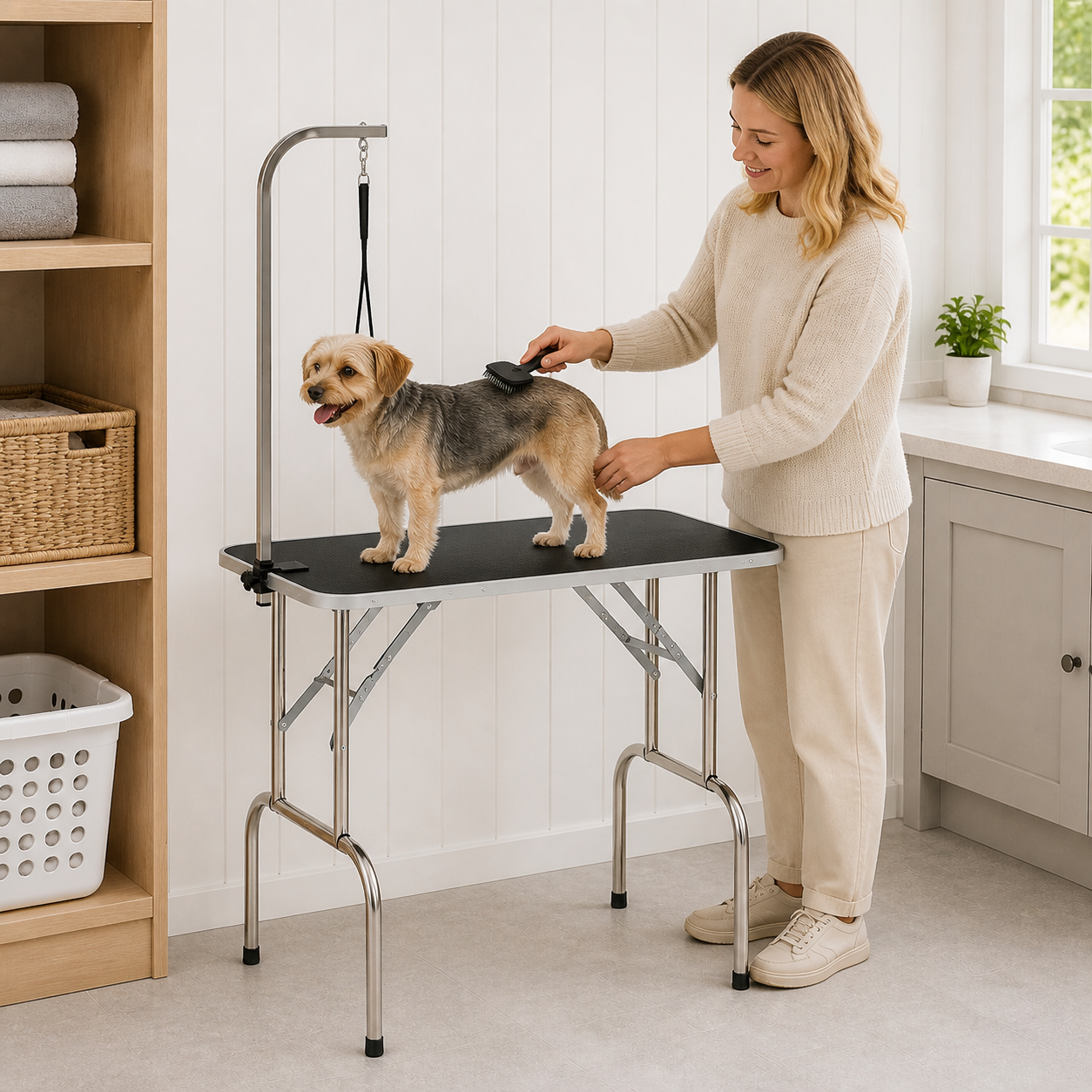 Owner brushing dog on grooming table