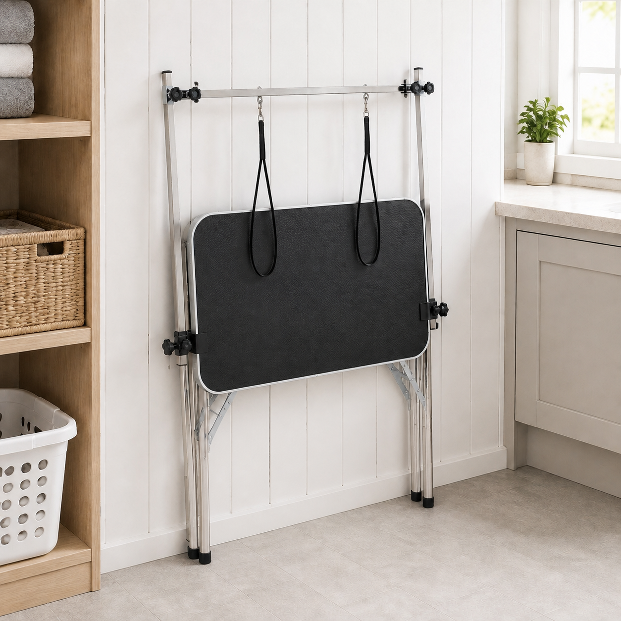 Grooming table folded for storage