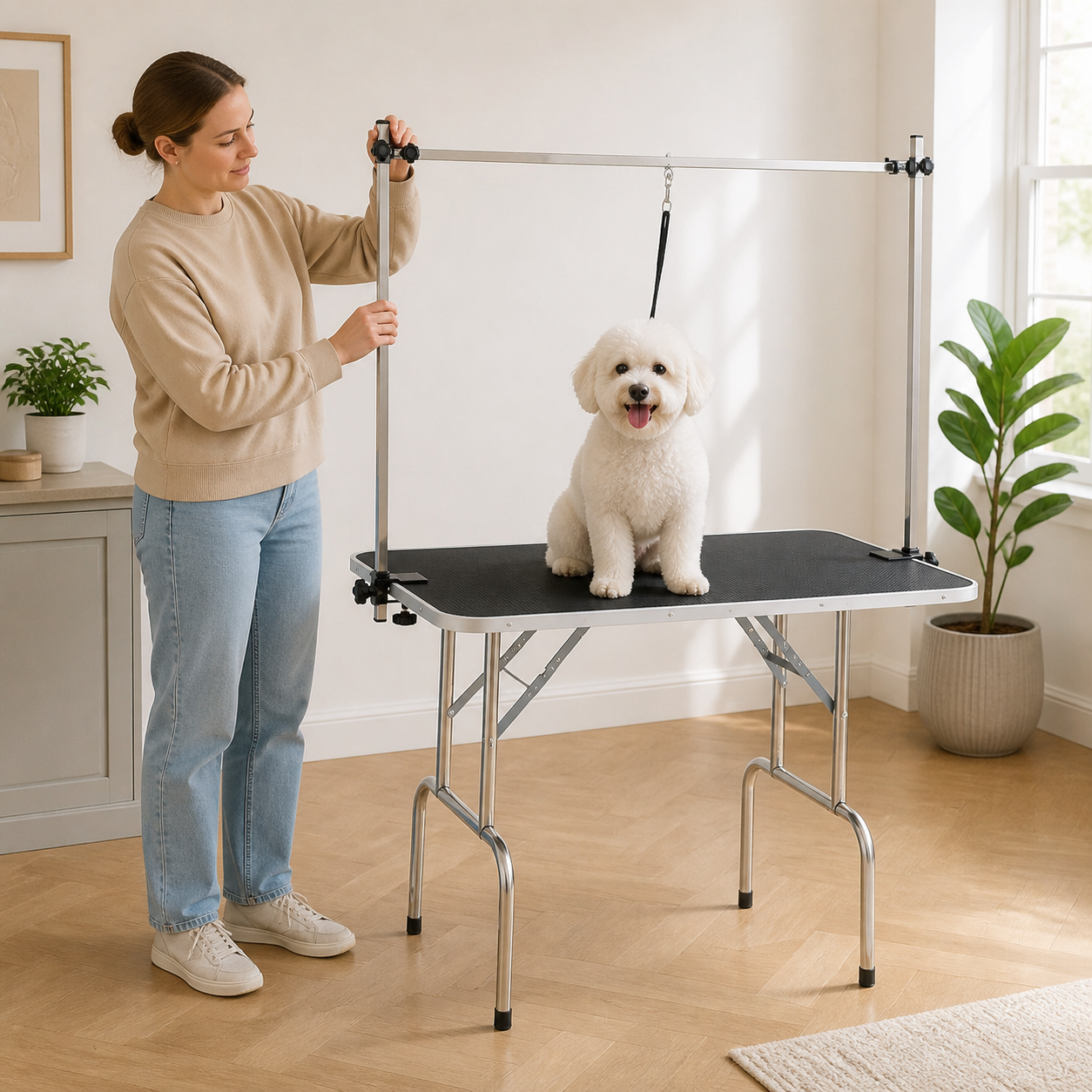 Owner adjusting grooming arm
