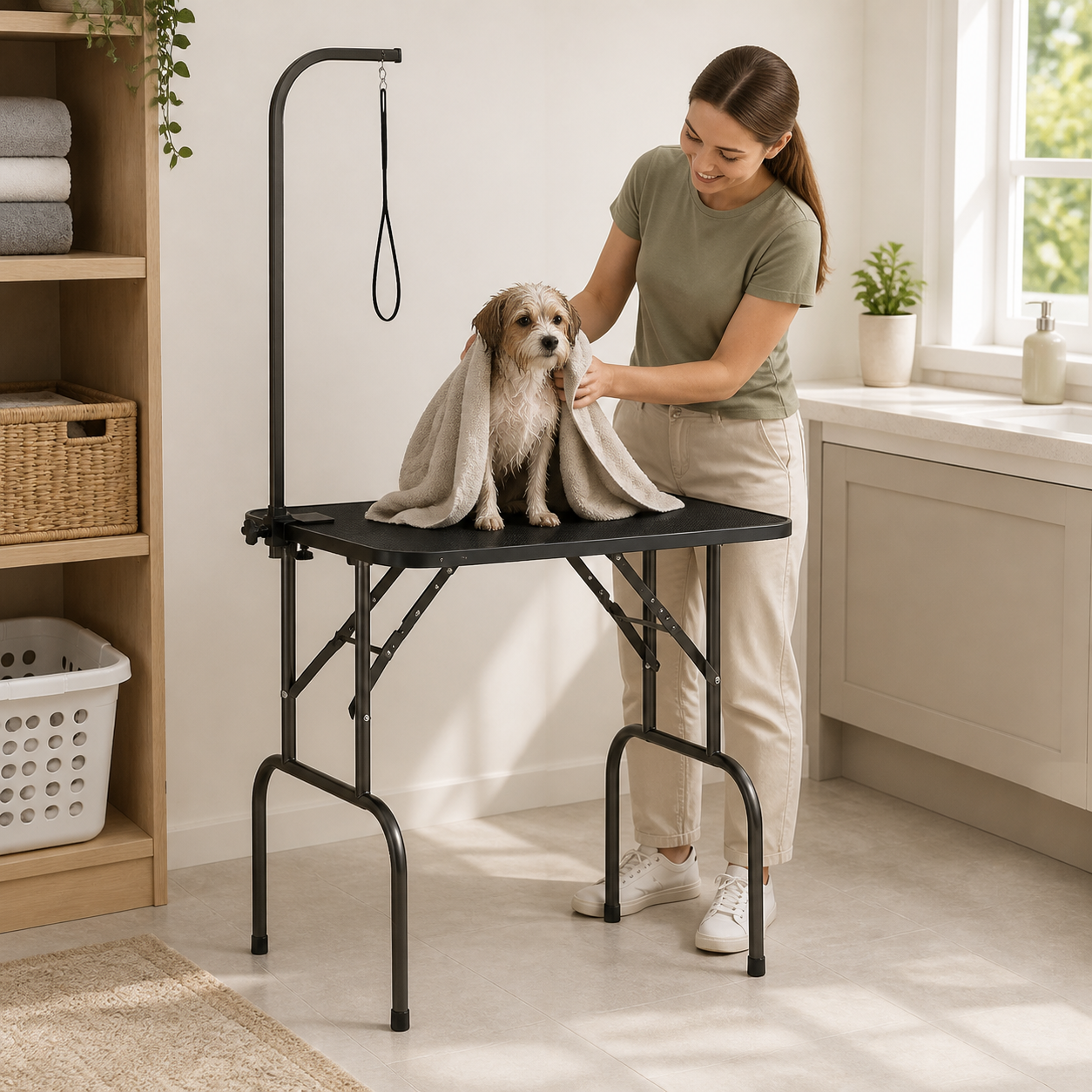 Owner towel drying dog on grooming table