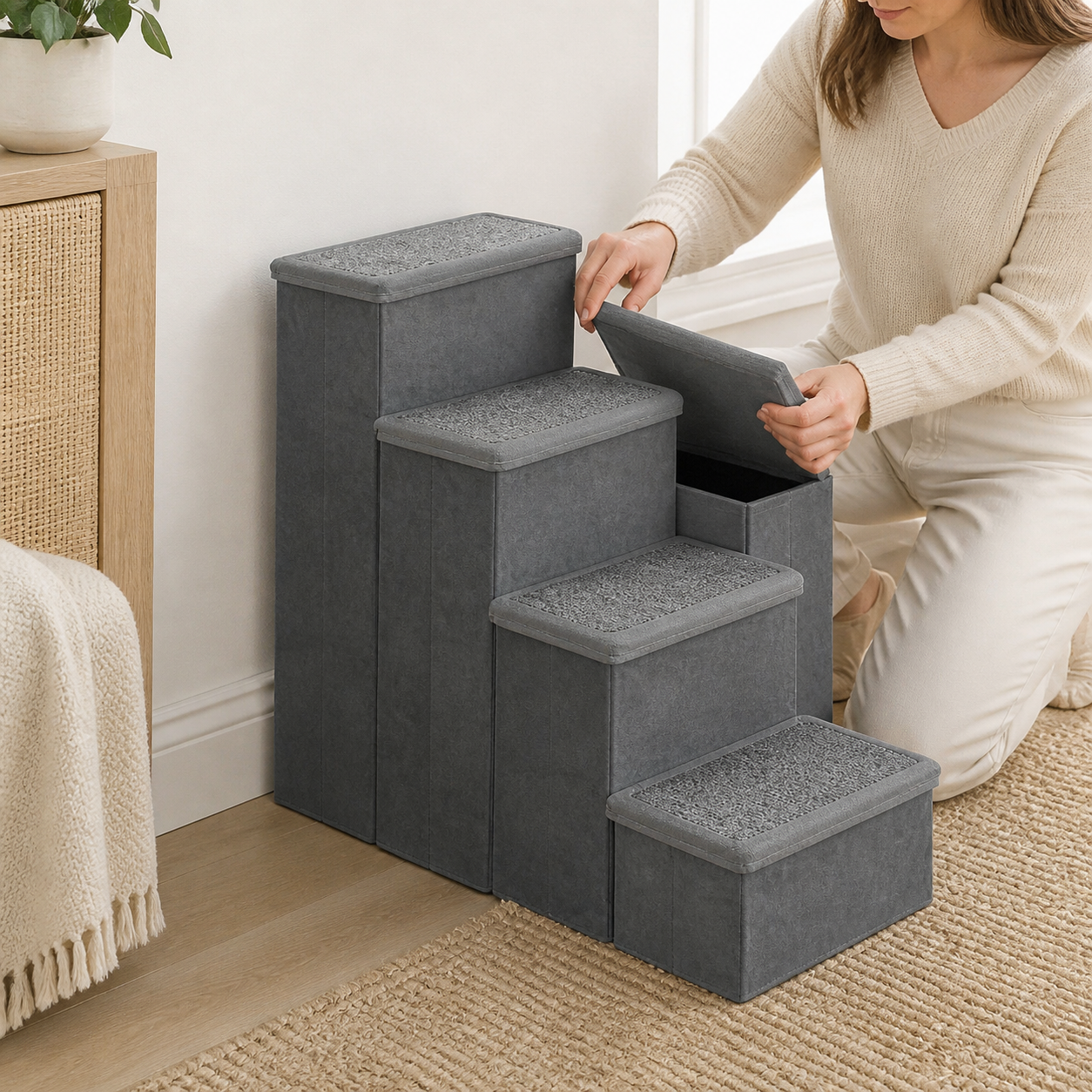 Foldable Pet Stairs with Storage — 4 Step — storage or care view