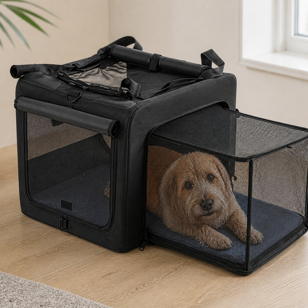 Folding Soft Dog Crate with Expandable Side — key feature detail