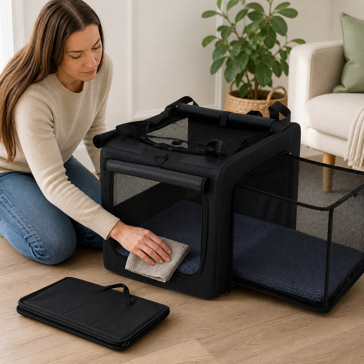 Folding Soft Dog Crate with Expandable Side — storage or care view