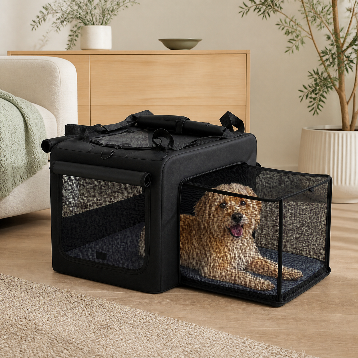 Folding Soft Dog Crate with Expandable Side — in-room or garden context