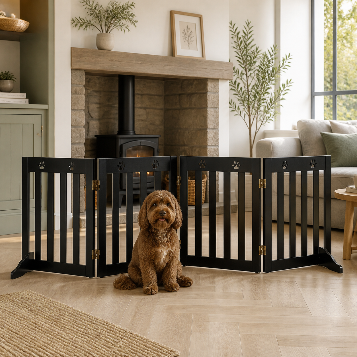 Four-Panel Freestanding Dog Gate — 203cm — in everyday use