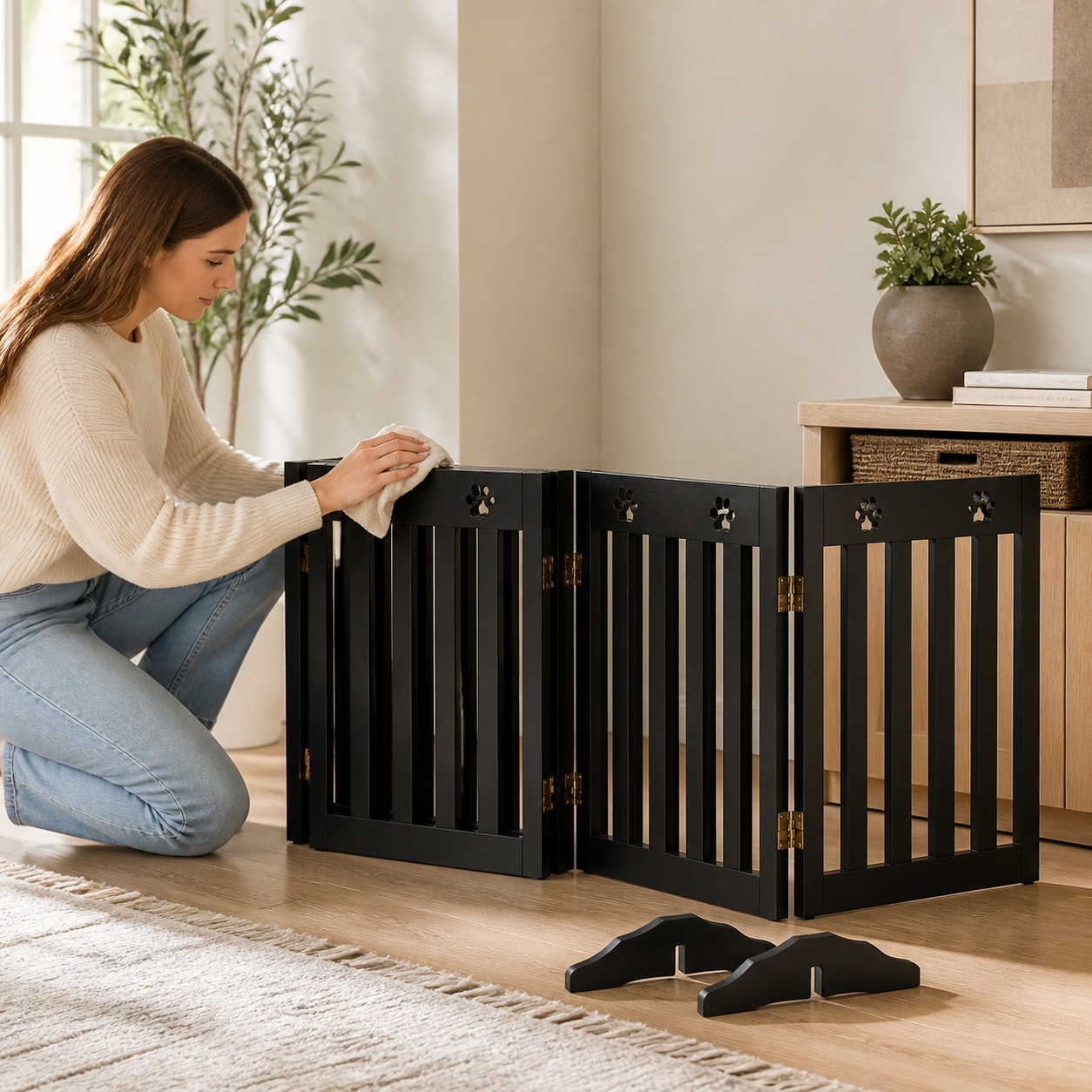 Four-Panel Freestanding Dog Gate — 203cm — storage or care view