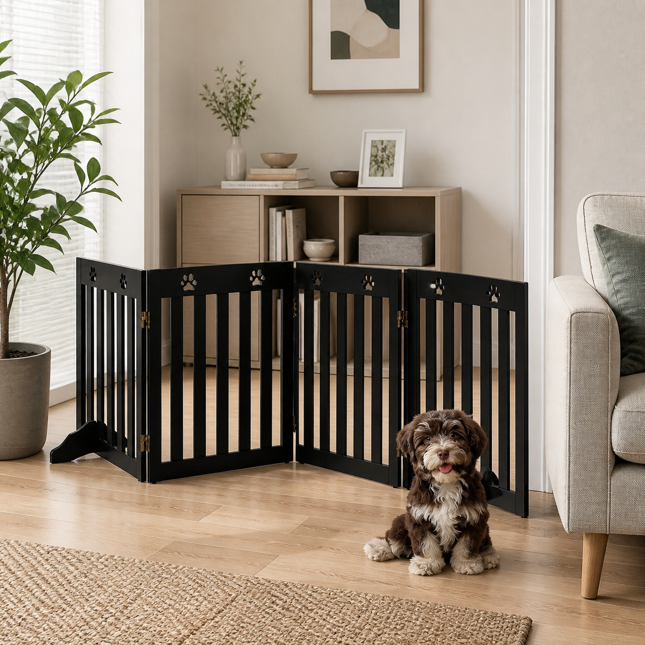Four-Panel Freestanding Dog Gate — 203cm — in-room or garden context