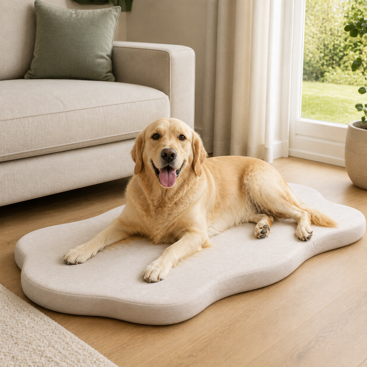 Memory Foam Dog Crate Mat — 110 × 66cm — in-room or garden context