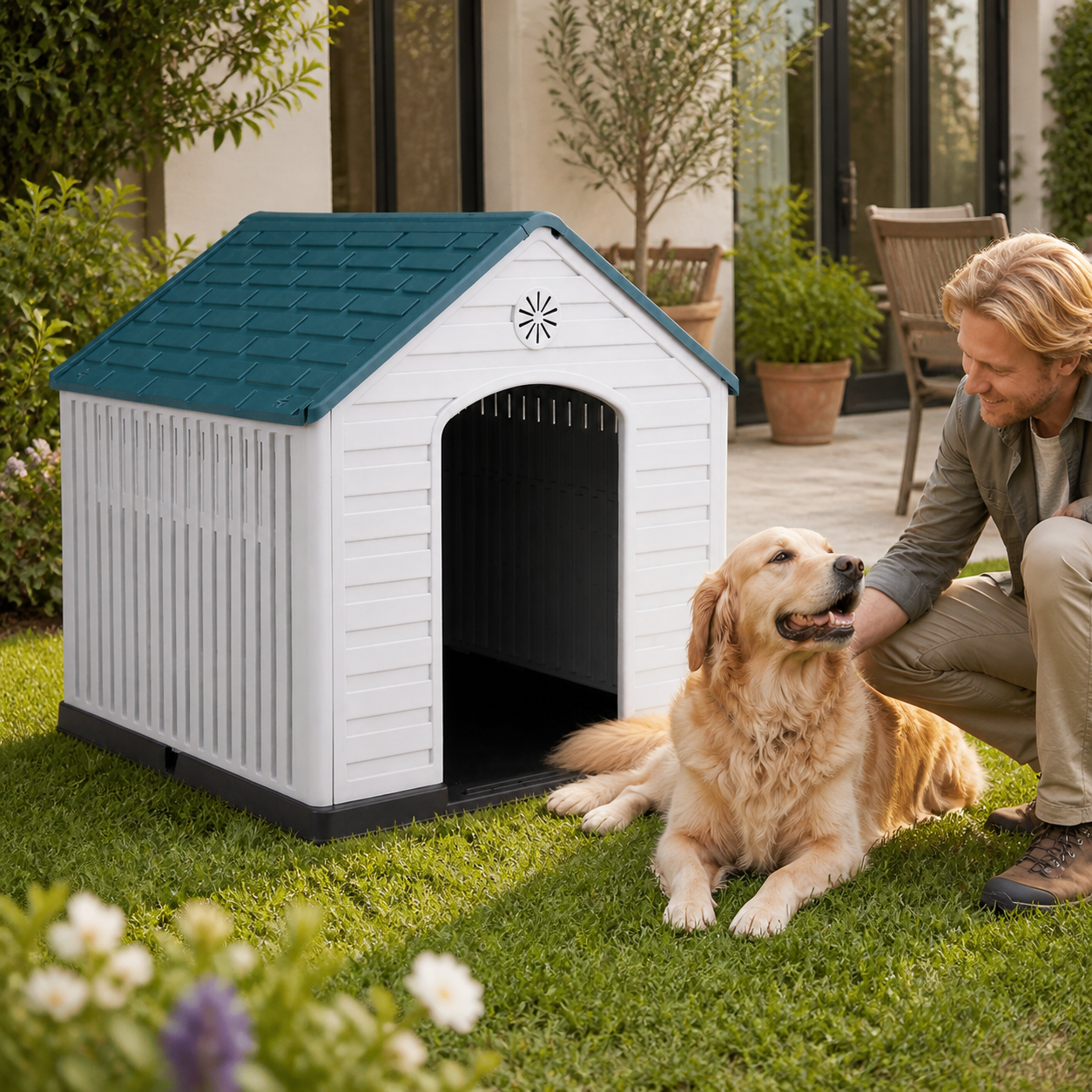 Large Ventilated Plastic Dog House — in everyday use