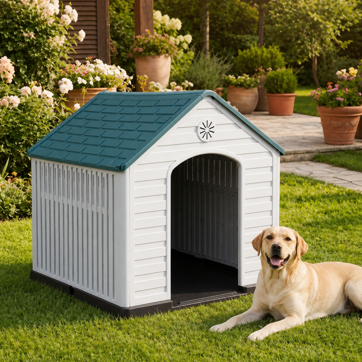 Large Ventilated Plastic Dog House — in-room or garden context