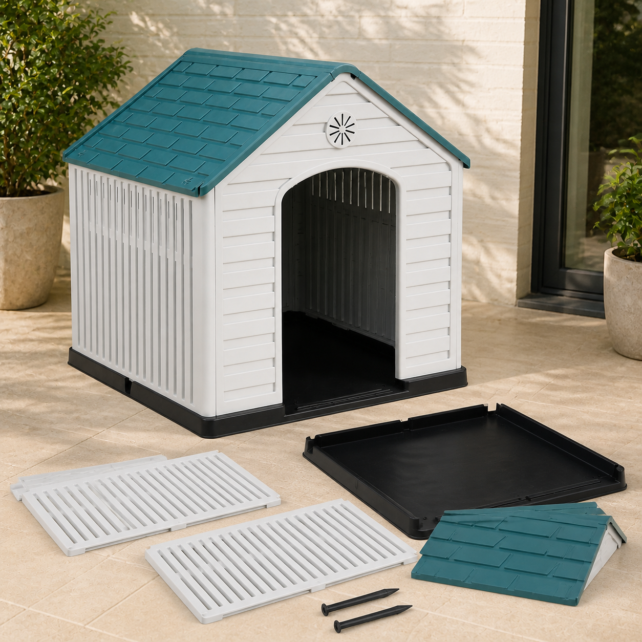 Large Ventilated Plastic Dog House — included components