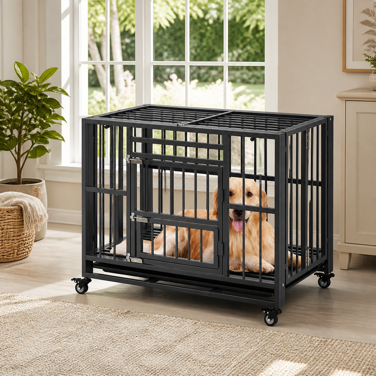 Heavy-Duty Folding Dog Crate with Three Doors — in everyday use