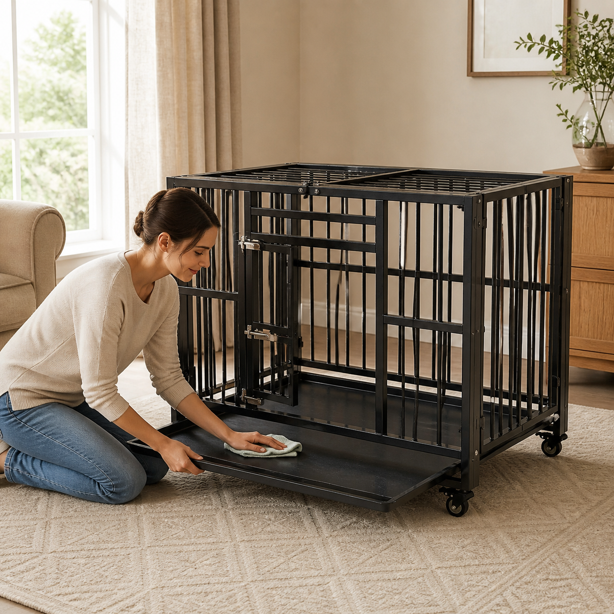 Heavy-Duty Folding Dog Crate with Three Doors — storage or care view