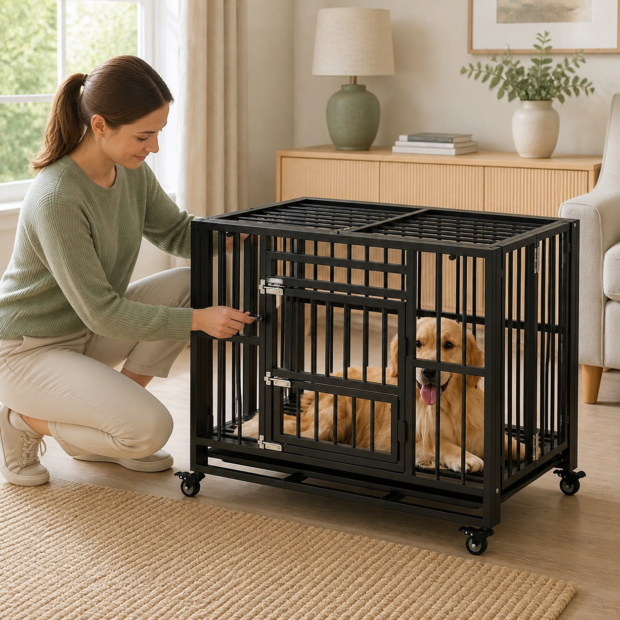 Heavy-Duty Folding Dog Crate with Three Doors — owner setup