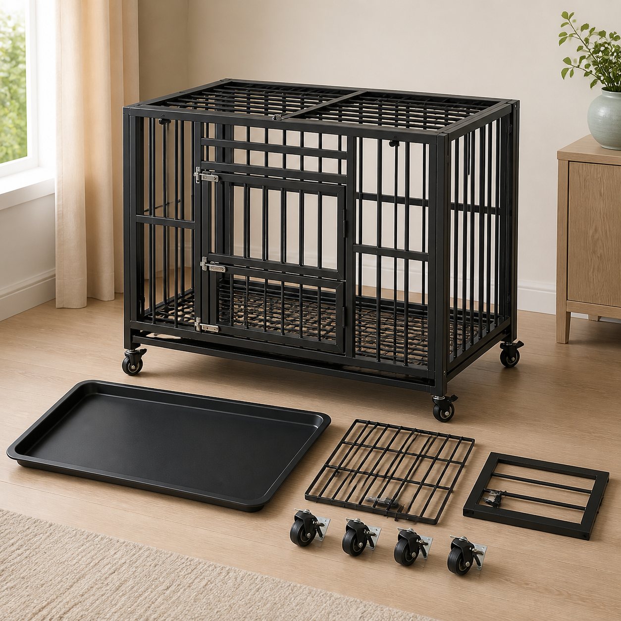 Heavy-Duty Folding Dog Crate with Three Doors — included components
