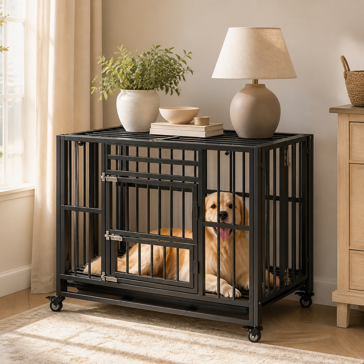 Heavy-Duty Folding Dog Crate with Three Doors — second lifestyle view