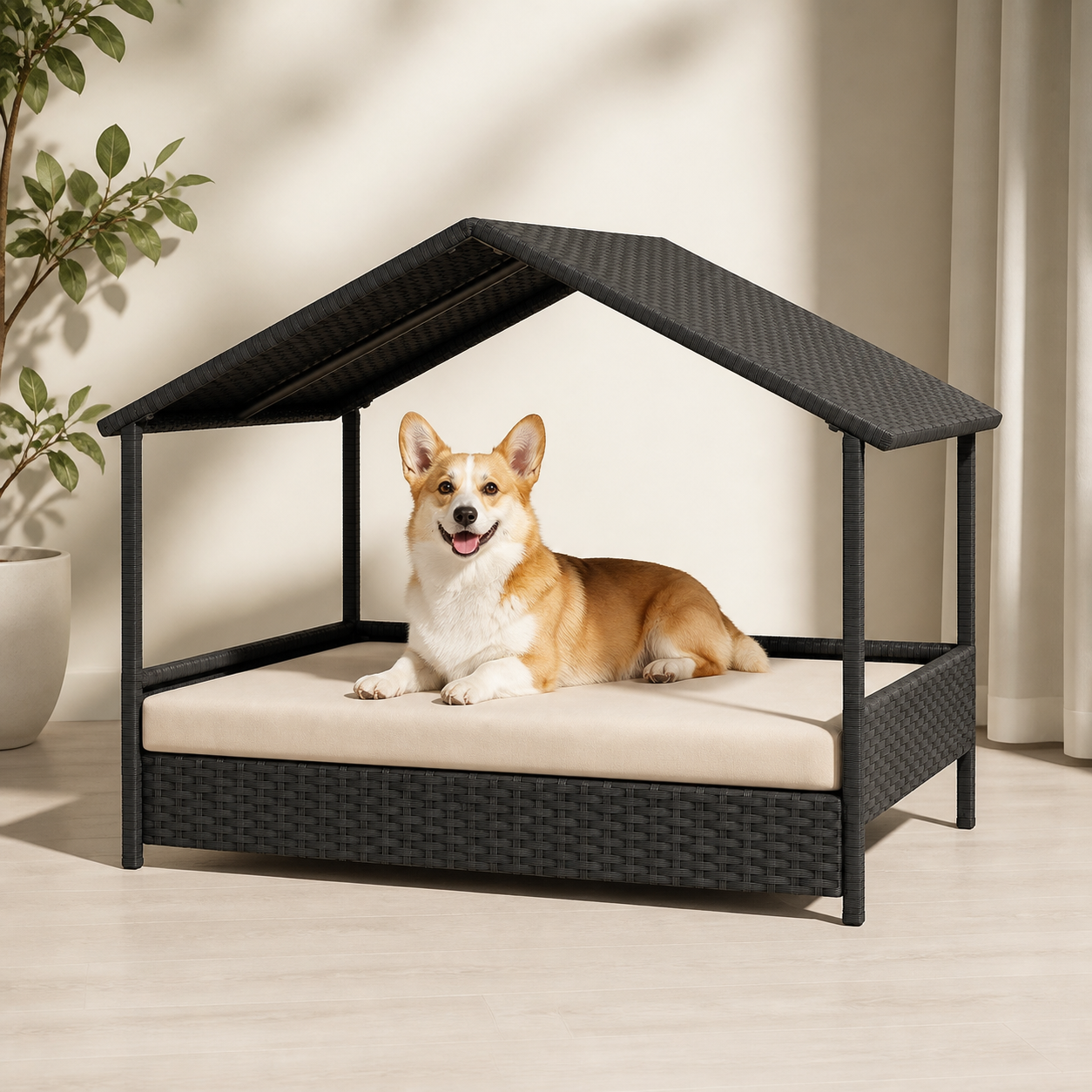 Raised Wicker Dog House with Canopy — studio hero