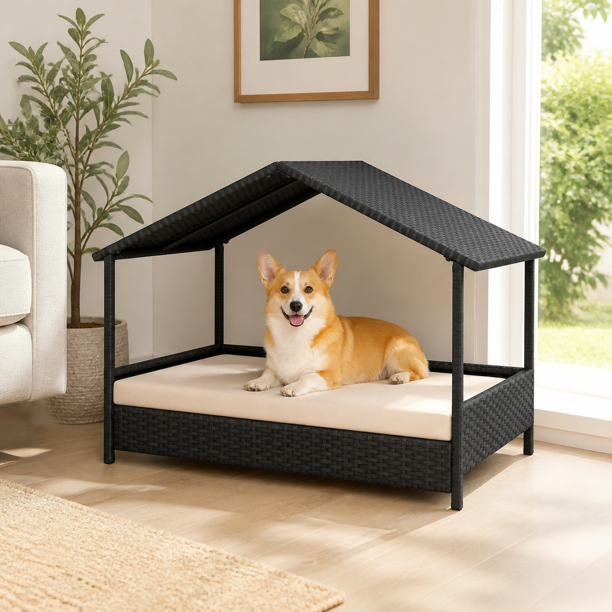 Raised Wicker Dog House with Canopy — in everyday use