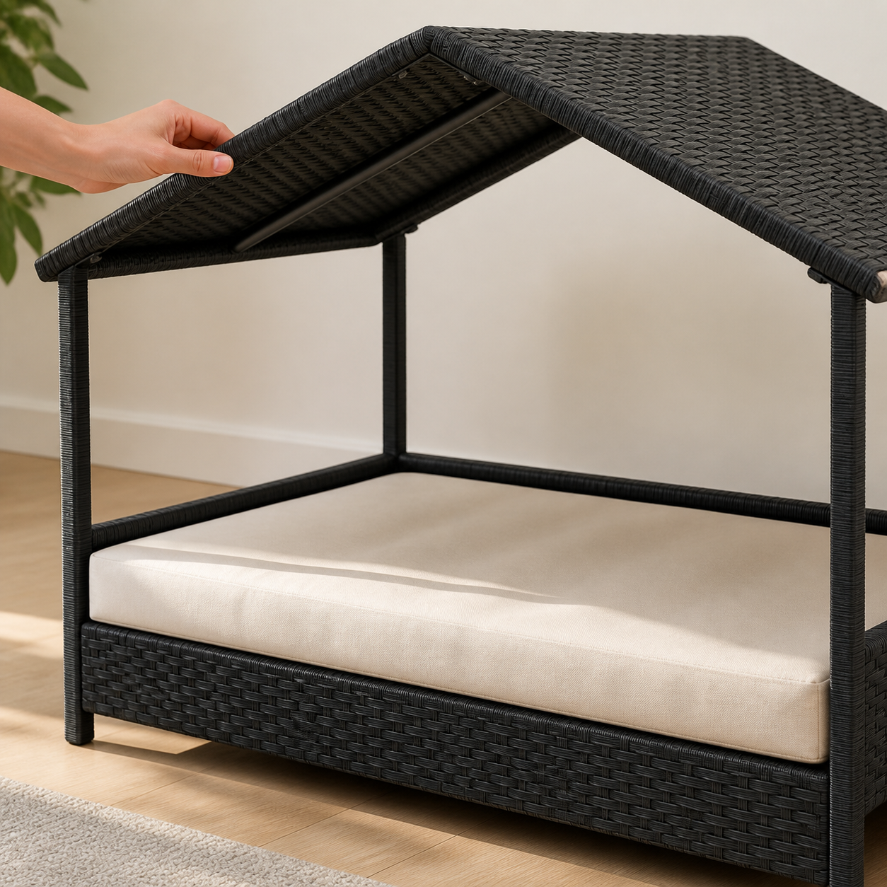 Raised Wicker Dog House with Canopy — key feature detail
