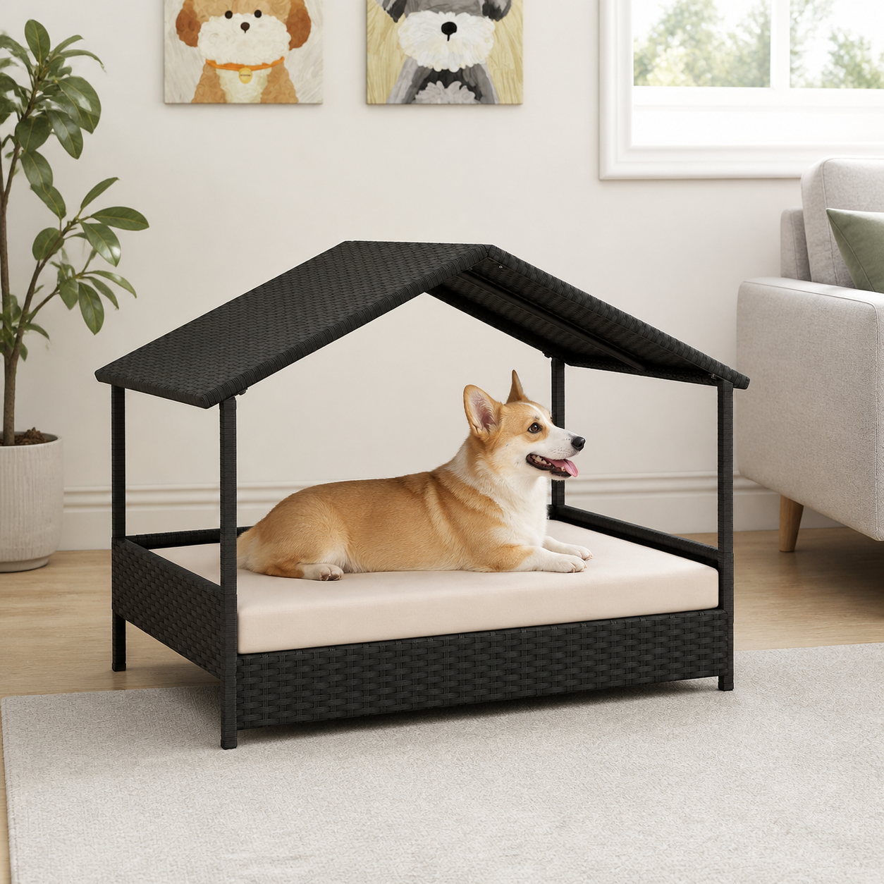 Raised Wicker Dog House with Canopy — alternate view
