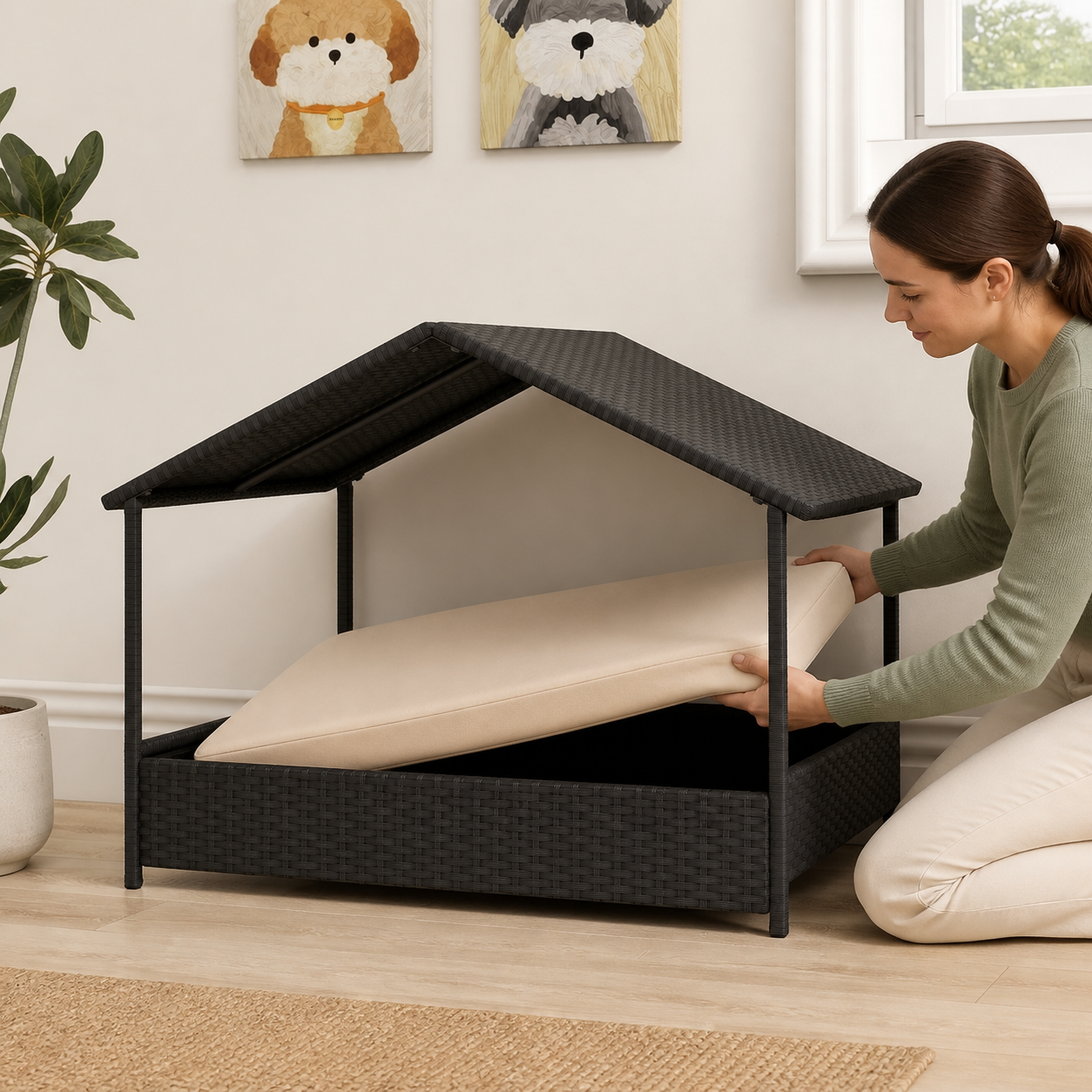 Raised Wicker Dog House with Canopy — storage or care view
