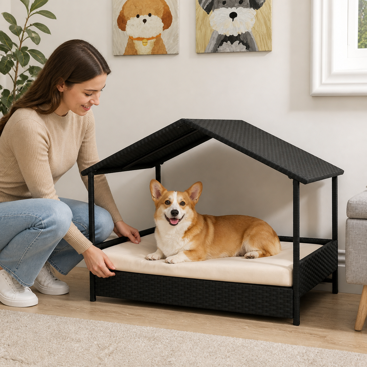 Raised Wicker Dog House with Canopy — owner setup