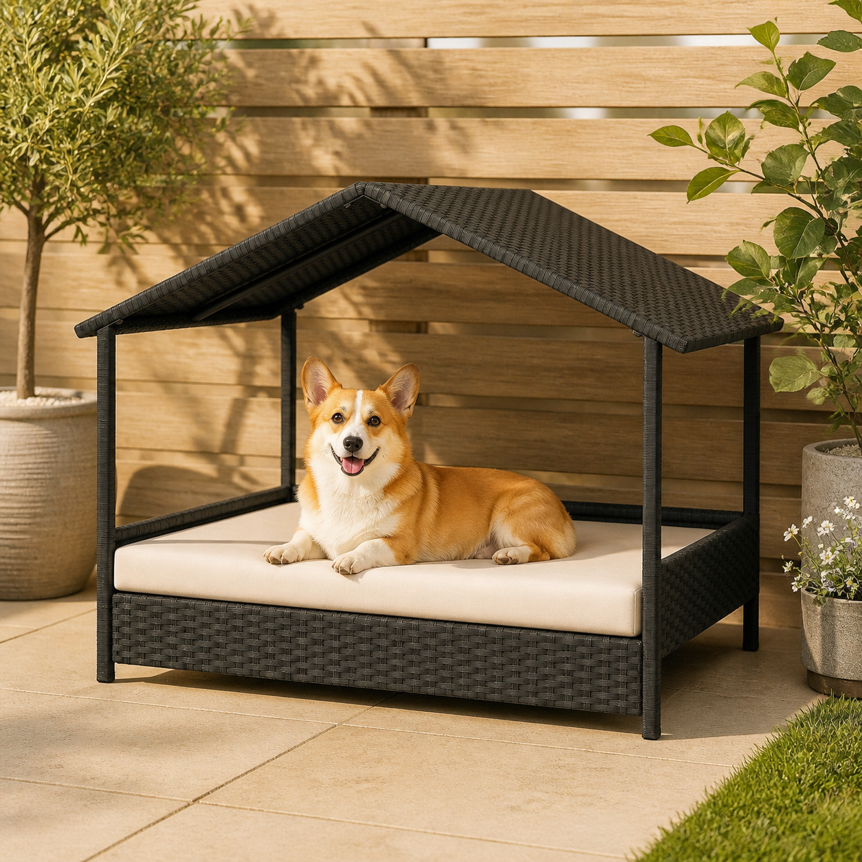 Raised Wicker Dog House with Canopy — in-room or garden context