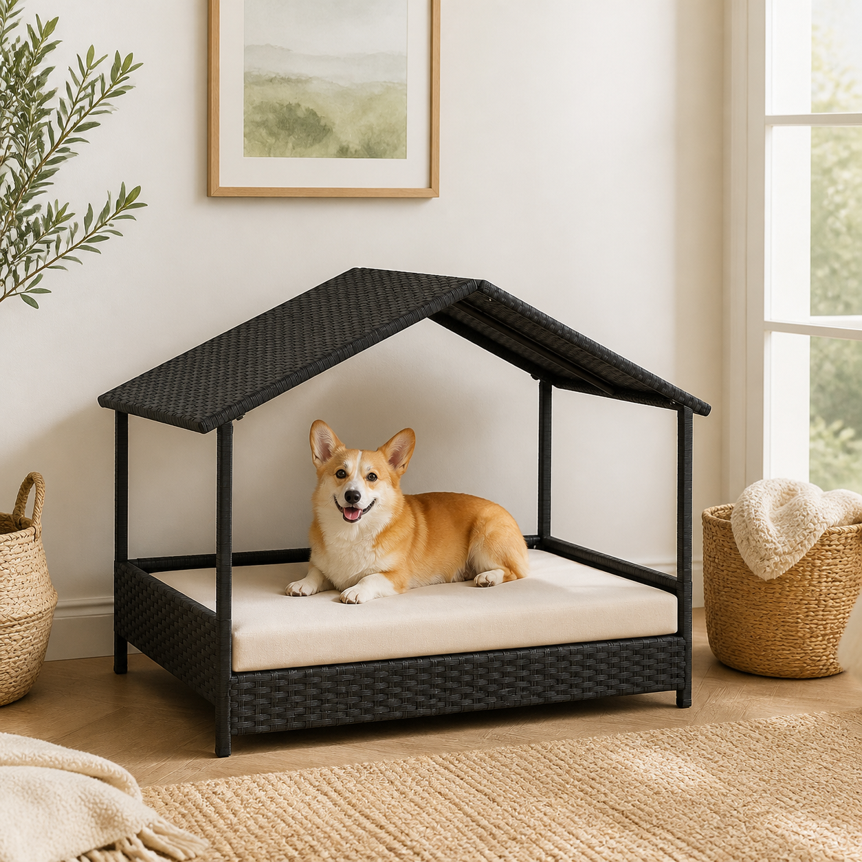 Raised Wicker Dog House with Canopy — second lifestyle view