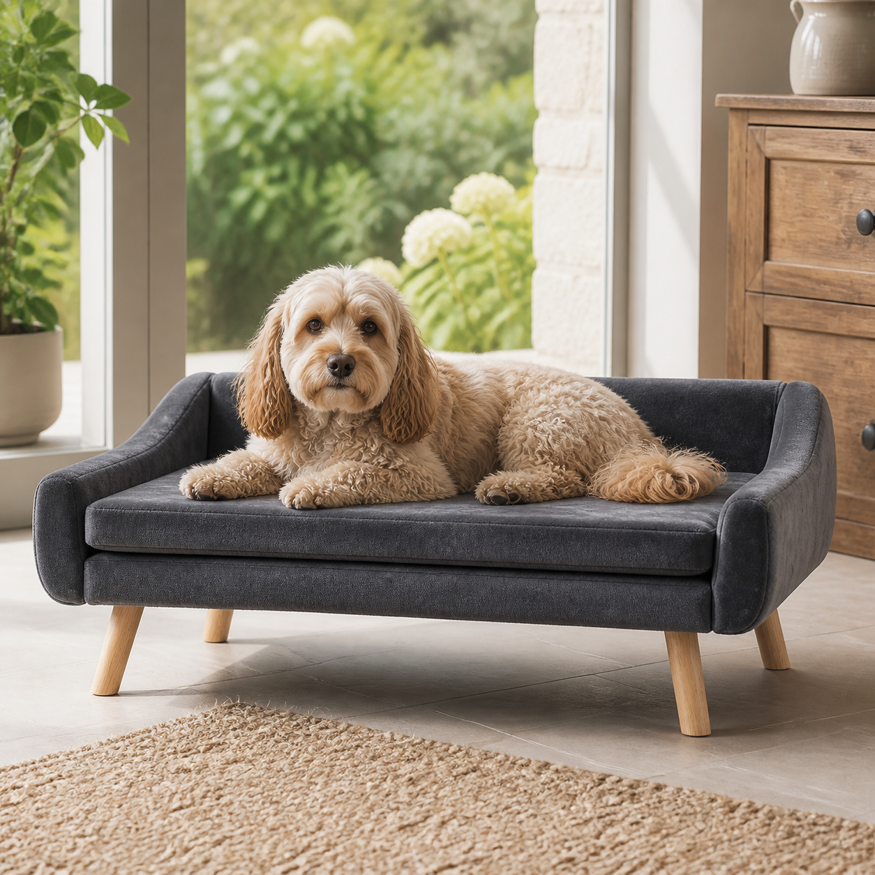 Raised Pet Sofa Bed with Removable Cushion — in everyday use