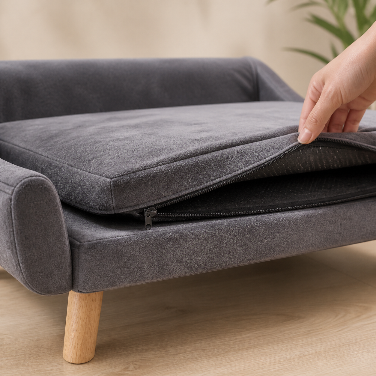 Raised Pet Sofa Bed with Removable Cushion — key feature detail
