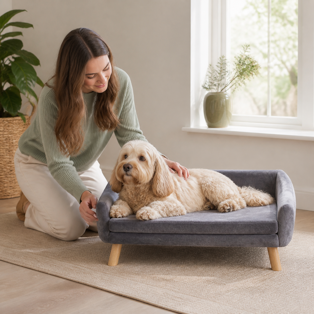 Raised Pet Sofa Bed with Removable Cushion — owner setup