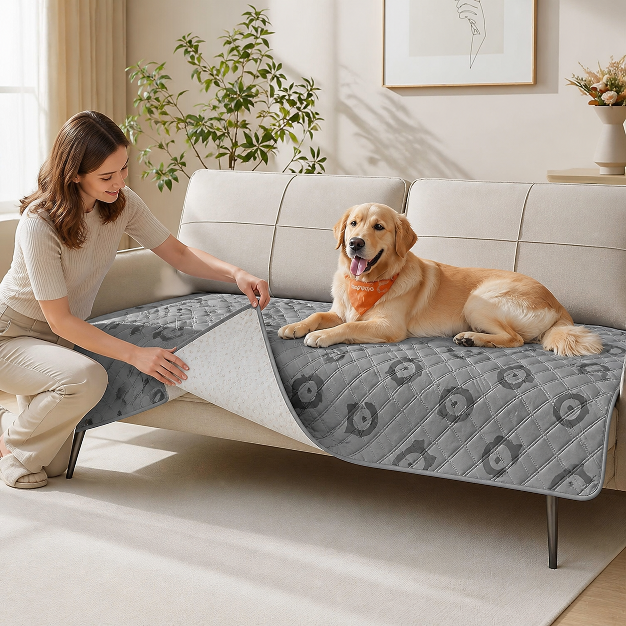 Waterproof Quilted Dog Sofa Protector — Dove Grey — owner setup
