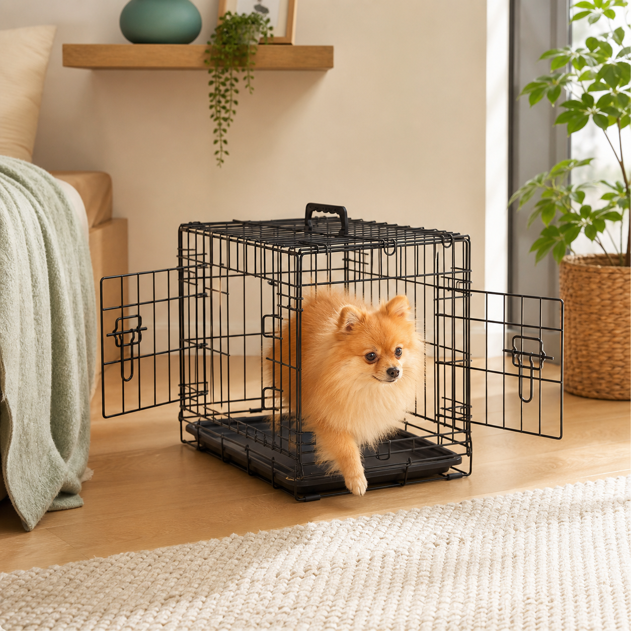 Foldable Two-Door Wire Dog Crate — Small — in-room or garden context