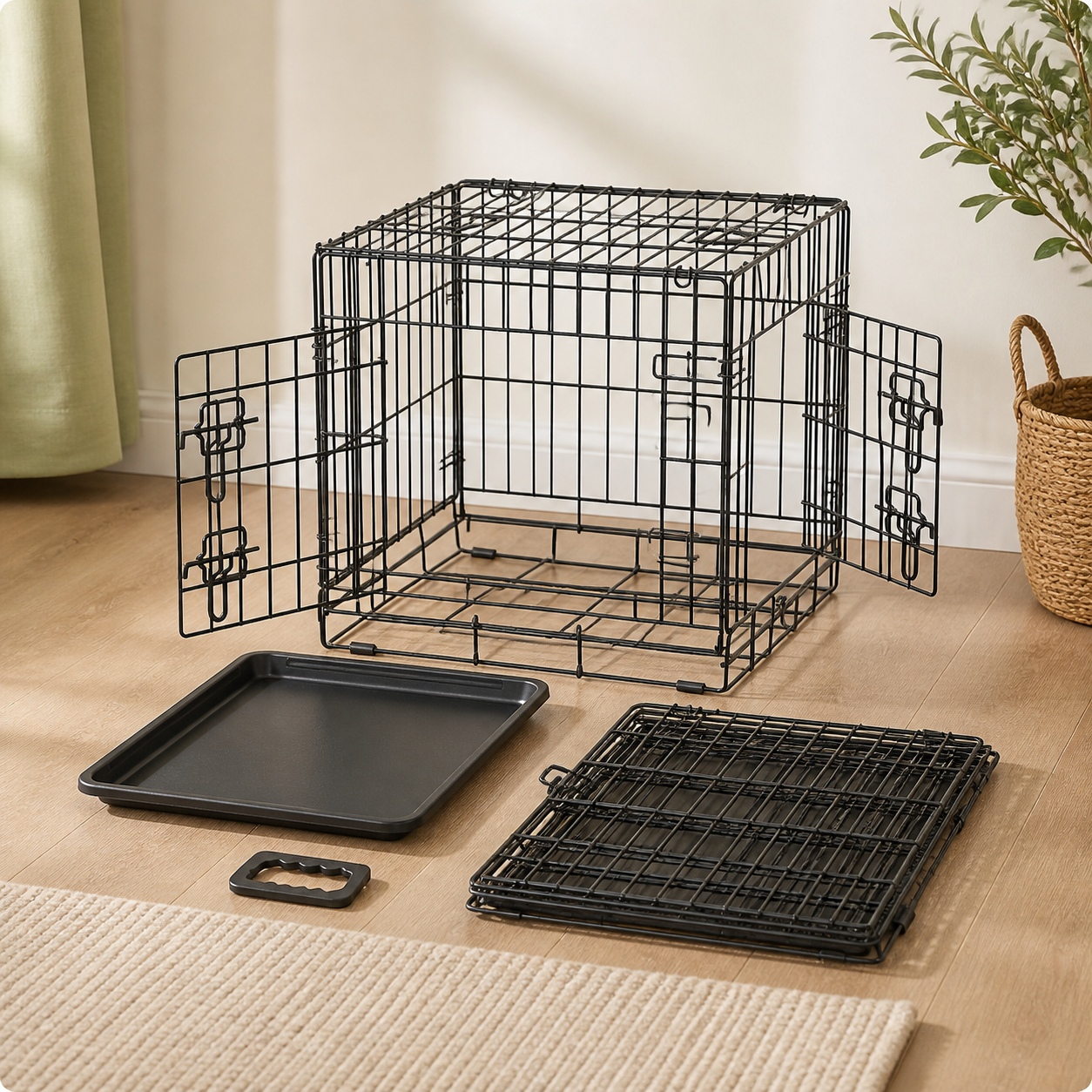 Foldable Two-Door Wire Dog Crate — Small — included components