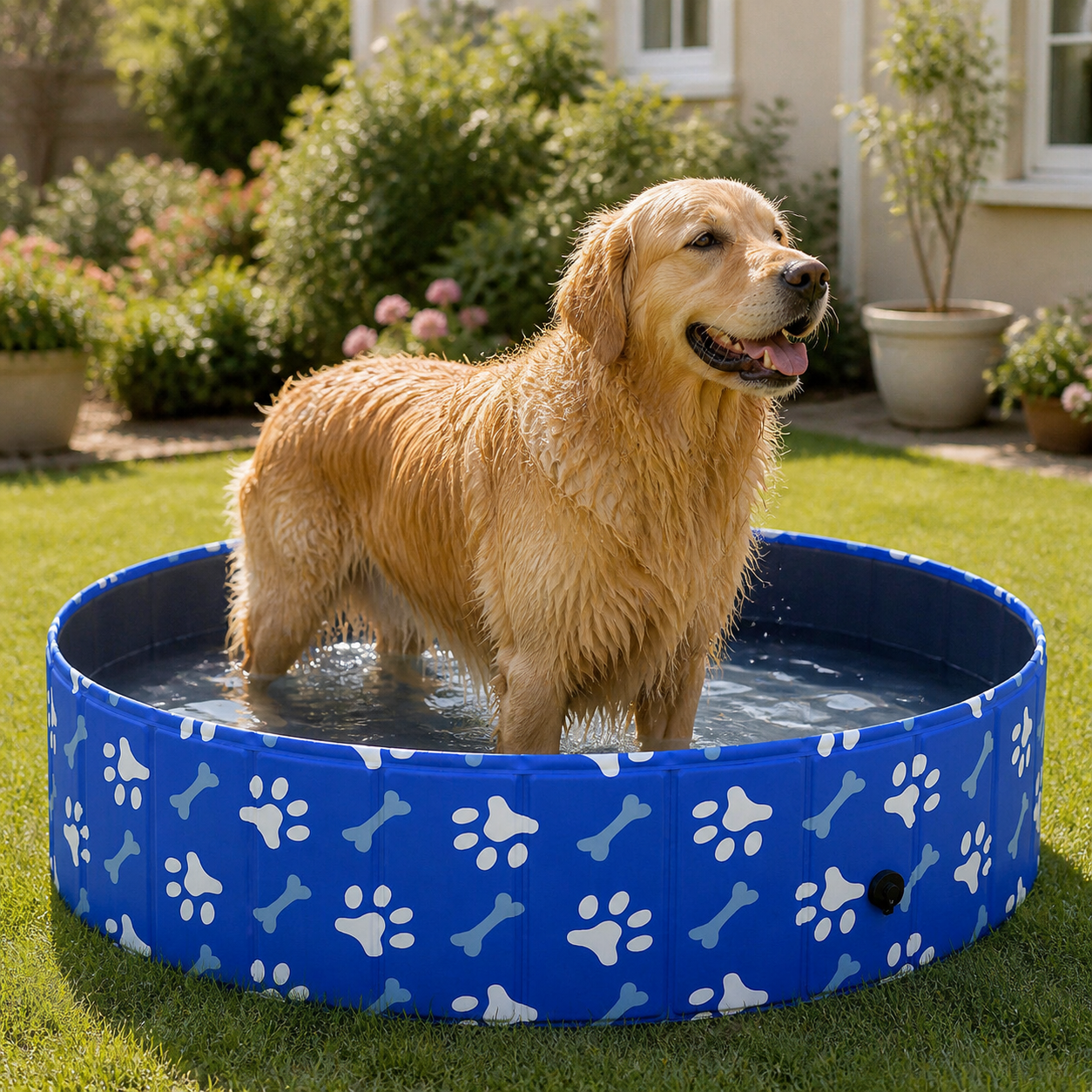 Golden retriever in foldable dog pool