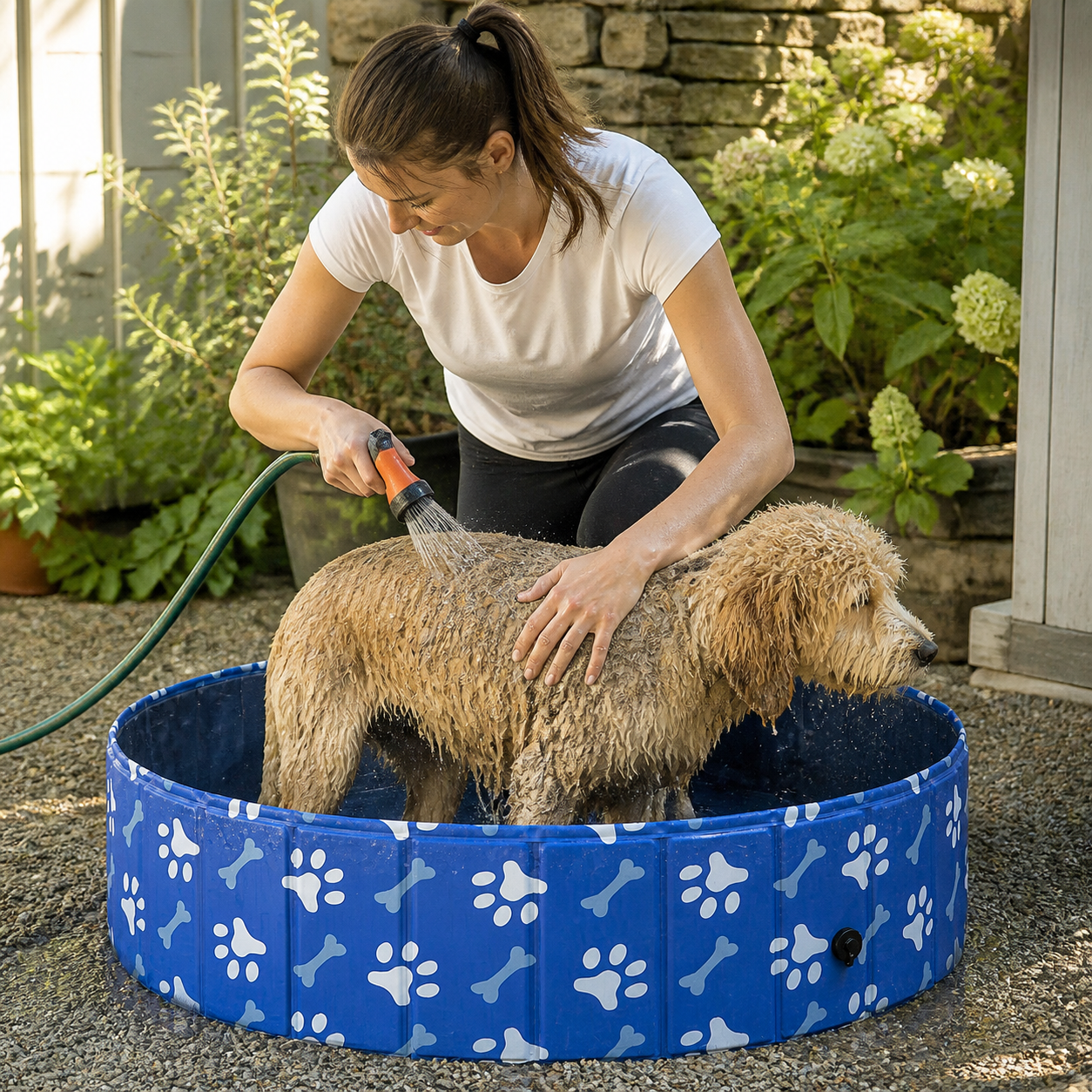 Owner washing dog in foldable pool
