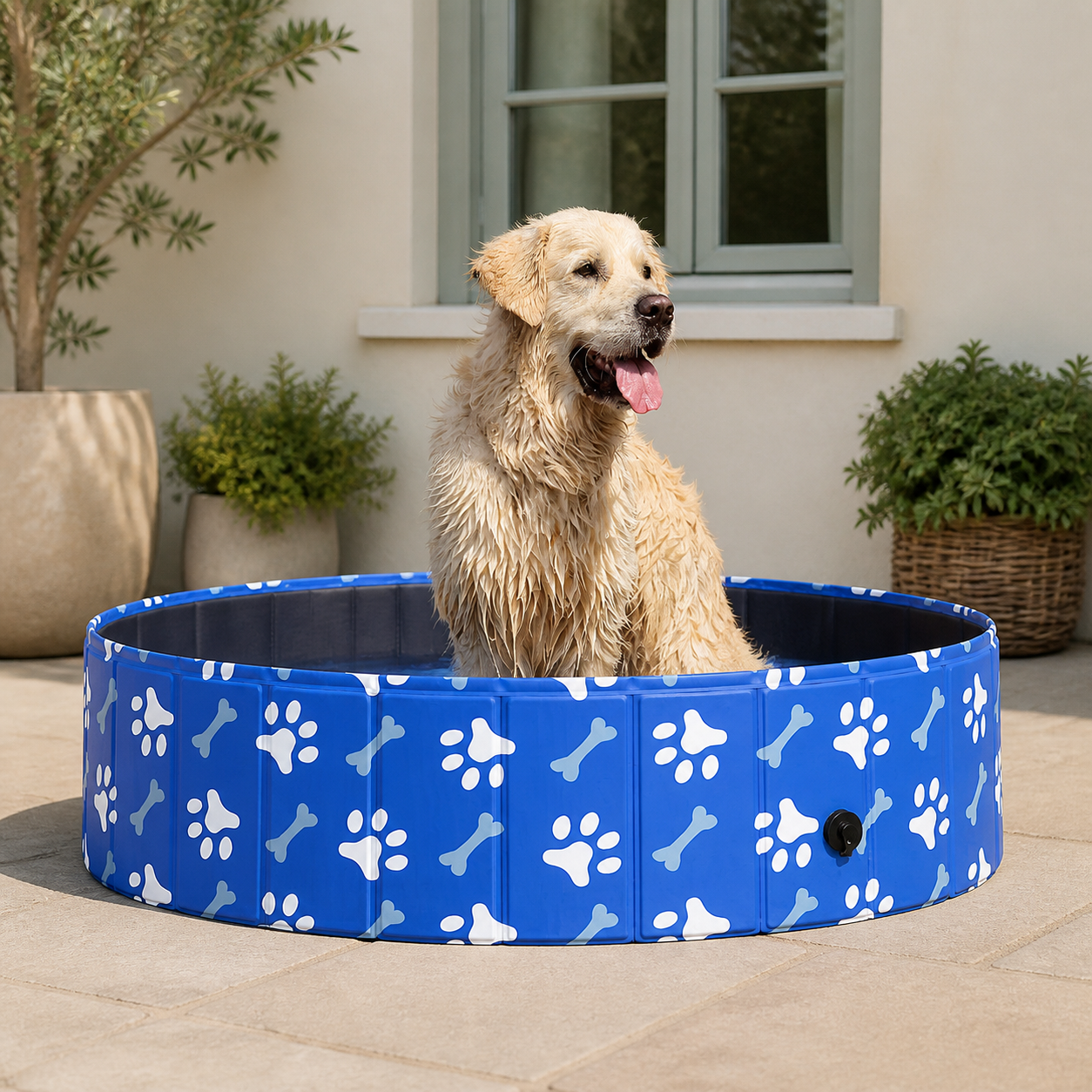 Dog in blue garden pool