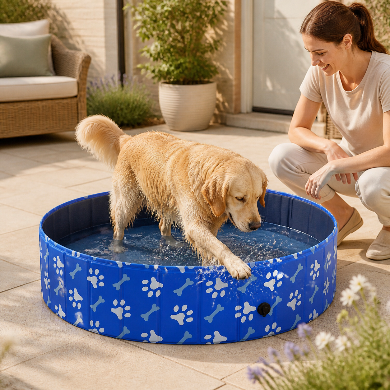 Supervised dog paddling in pool