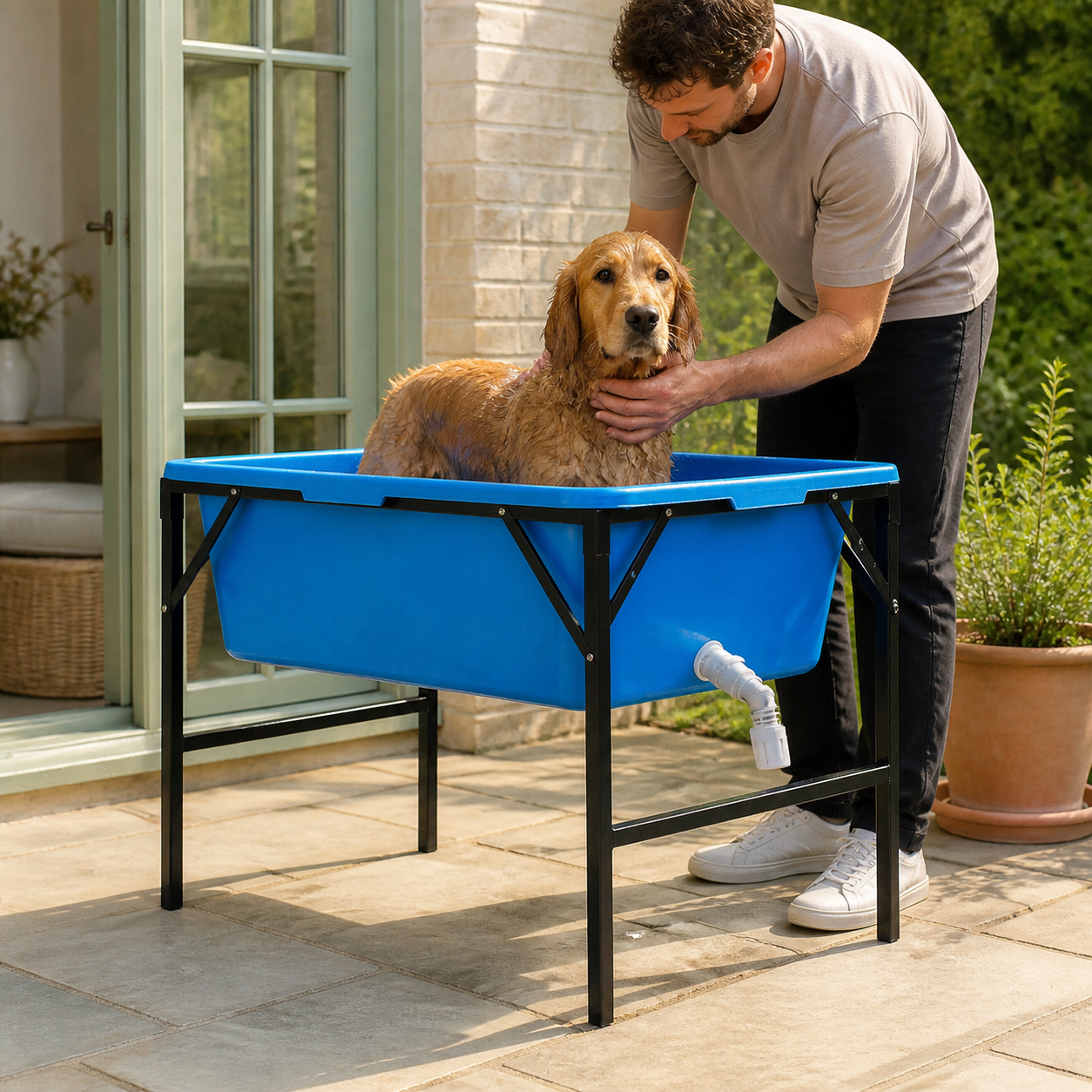 Raised Dog Bath with Folding Stand — 90L — in everyday use